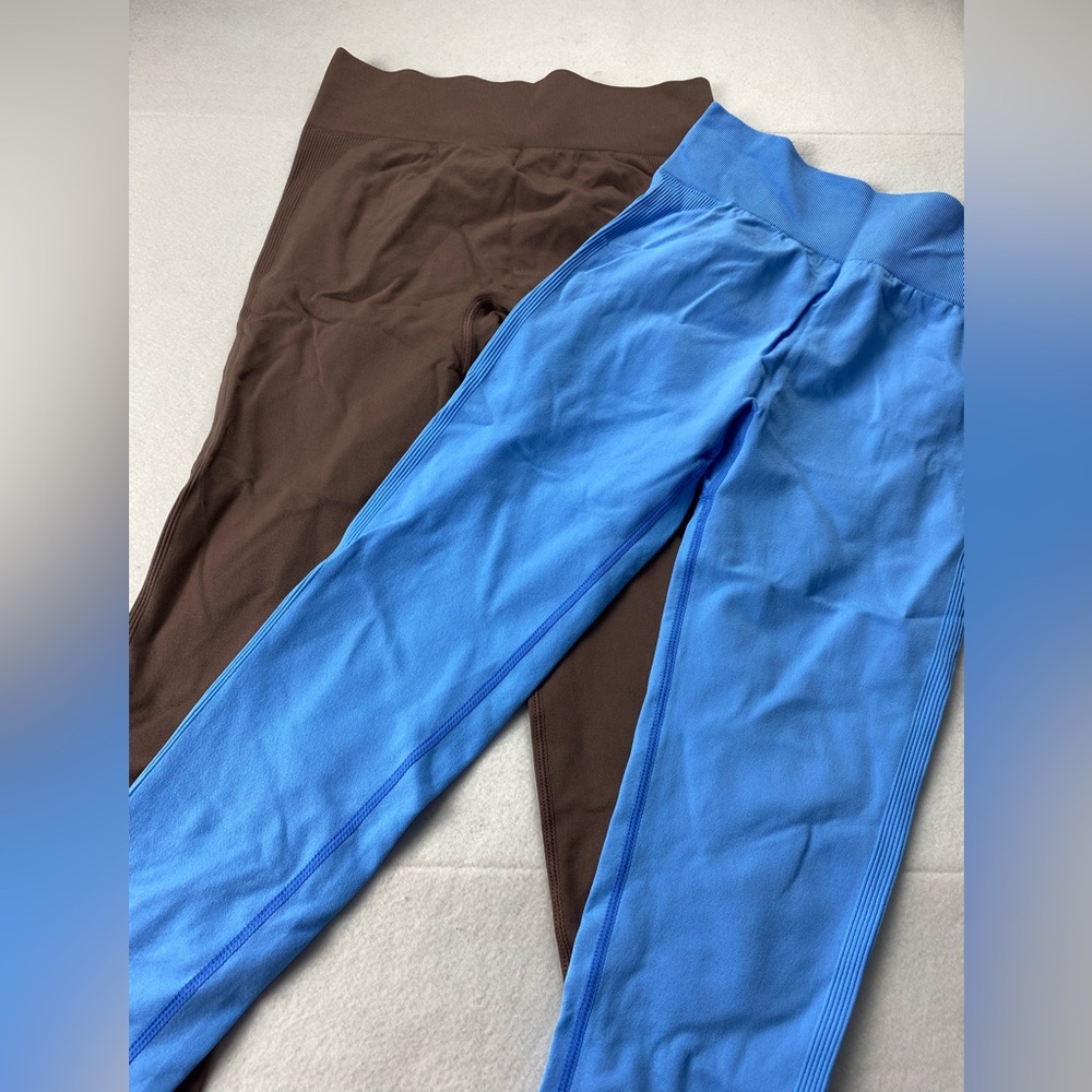 2pr Butt Lifting Yoga Pants Leggings High waisted Compression Gym L Blue & Brown